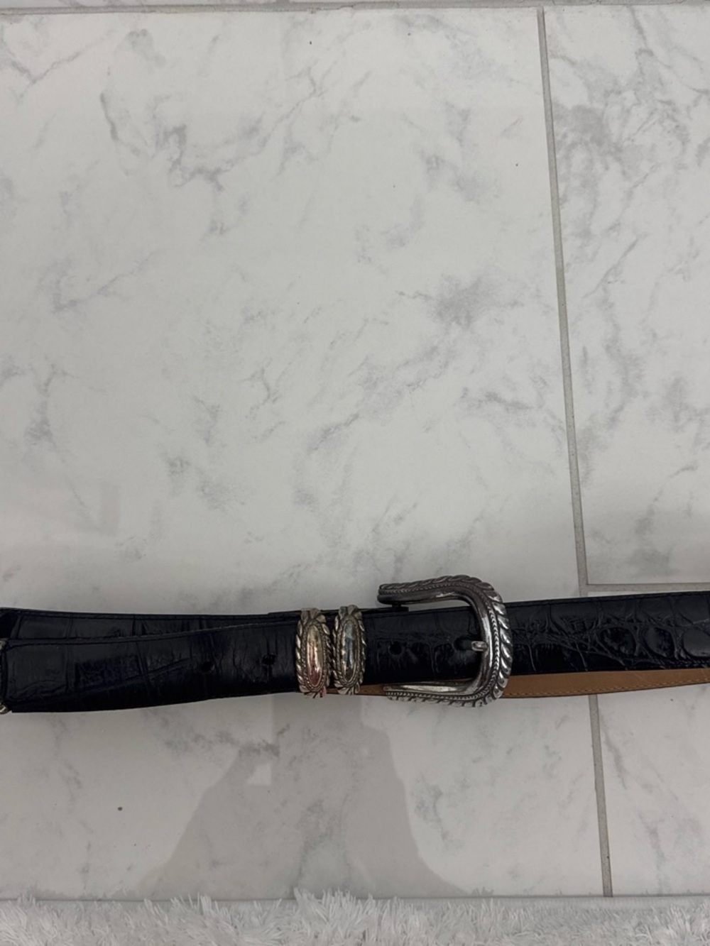 Brighton Black Croc-Embossed Leather Belt with Two-Tone Buckle